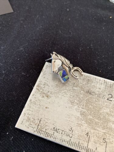 Navajo Blue Lapis & Turquoise Horse Inlay Earrings | Sterling Silver | 1" | Authentic Native American Handmade | 1514