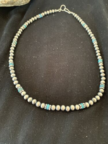 Authentic Native American Navajo Pearls Blue Turquoise Necklace | Sterling Silver Beads | Single Strand | 19" | 227