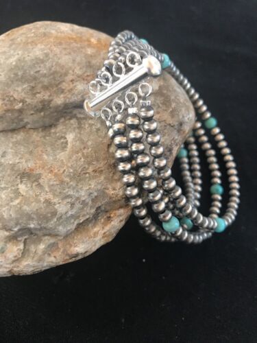 Navajo Pearls Blue Turquoise Bracelet | 4-Strand | Sterling Silver | Authentic Native American