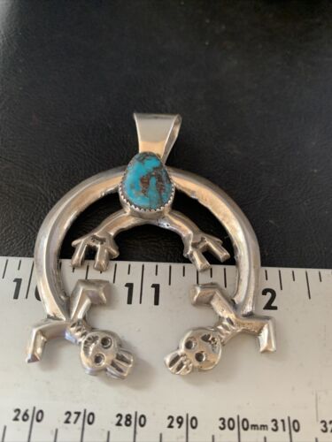 Navajo Bisbee Turquoise Naja Pendant | Sterling Silver | Men's Native American Handmade Necklace | 13796