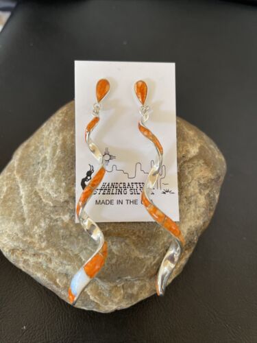 Navajo Snake Swirl Earrings | Orange Spiny Opal Inlay | Sterling Silver | 3.25" | 1547