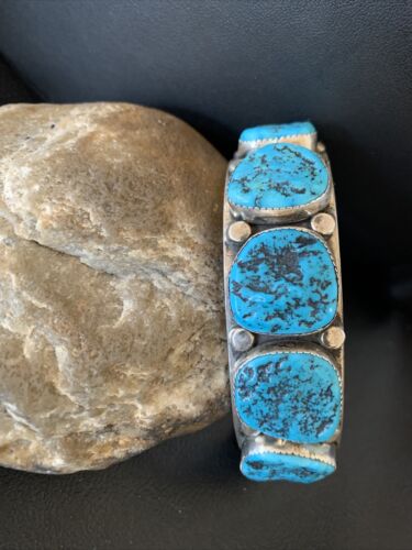 Navajo Sterling Silver Blue Kingman Turquoise Cuff Bracelet | 6 Stone | Authentic Native American Handmade | 12166