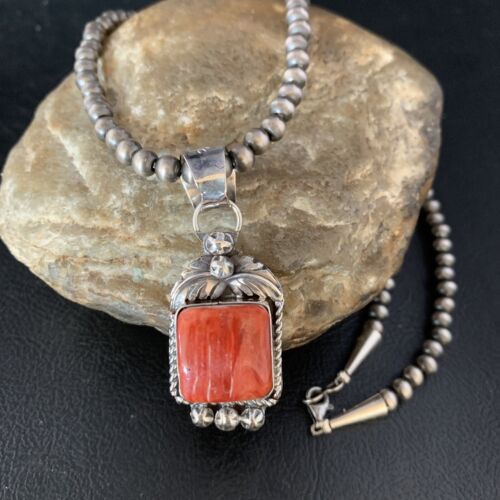 Navajo Red Spiny Oyster Square Pendant Necklace | Sterling Silver | Authentic Native American Handmade | 13634
