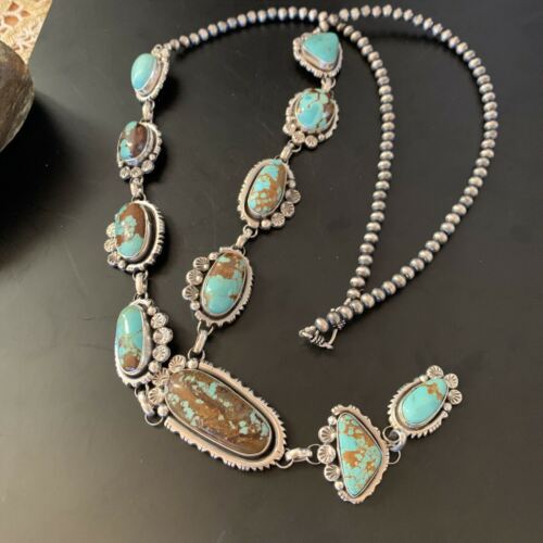 Navajo Blue Turquoise Lariat Necklace | Sterling Silver | Authentic Native American Handmade | 11468