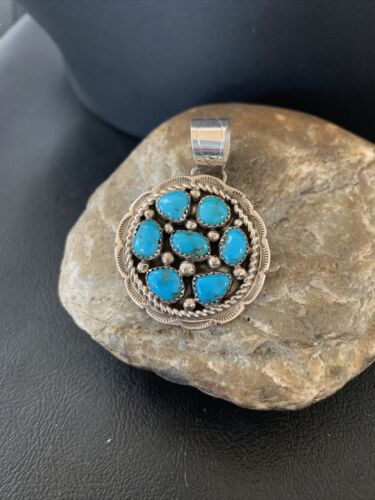 Navajo Blue Kingman Turquoise Cluster Pendant | Authentic Native American Sterling Silver | Multi-Stone | 2" | 02095