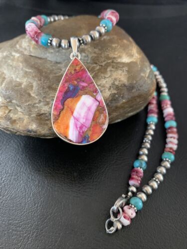 Navajo Pearls Necklace with Turquoise & Purple Spiny Oyster Pendant | Sterling Silver | 13293