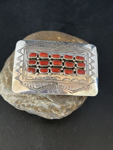 Navajo Red Coral Belt Buckle Concho | Sterling Silver | Authentic Native American Handmade | 14798