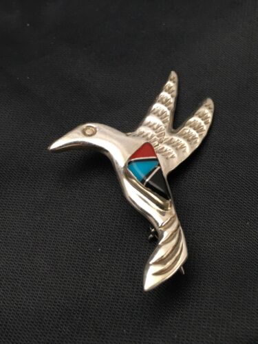 Navajo Hummingbird Pin | Turquoise & Coral | Sterling Silver | Authentic Native American Handmade | 2899