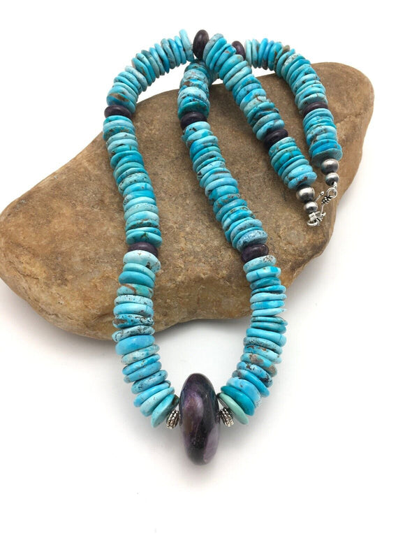 Navajo Sugilite & Turquoise Pendant Necklace | Sterling Silver | Authentic Native American Handmade | 21" | 3086