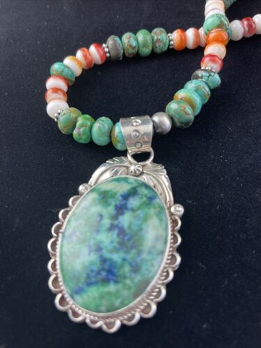 Men's Navajo Sterling Silver Necklace | Spiny Oyster & Turquoise | Moss Agate Pendant | Native American | 01625