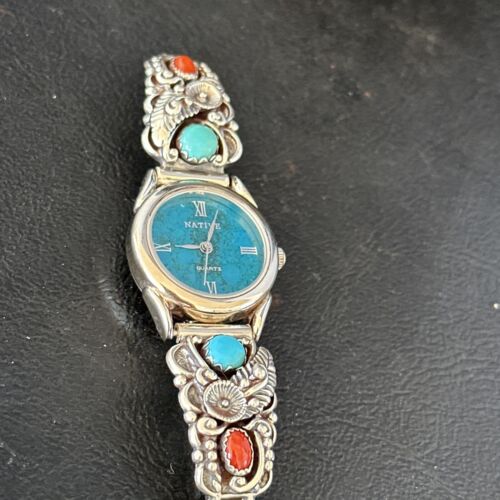 Navajo Blue Turquoise & Coral Watch Tips | Sterling Silver | Authentic Native American Jewelry | 14325