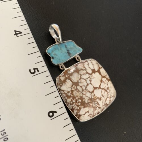 Navajo Wild Horse & Blue Kingman Turquoise Sterling Silver Pendant | Multi-Stone | 12042