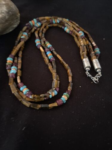 Navajo Turquoise, Tigers Eye & Spiny Oyster Necklace | Sterling Silver | Authentic Native American Handmade | 1132