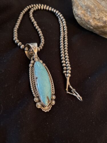 Men's Blue Kingman Turquoise Pendant | Navajo Pearls Sterling Silver Necklace | Authentic Native American Handmade | 01071