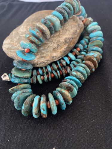 Navajo Pearls Natural Blue Turquoise & Spiny Oyster Necklace | Sterling Silver | Graduated | Authentic Native American | 28" | 00381