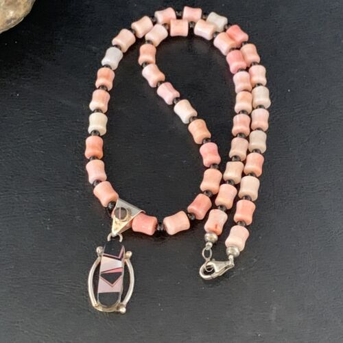 Pink Coral, Onyx & Mother of Pearl Inlay Pendant Necklace | Navajo Sterling Silver Bead | Authentic Native American | 13733