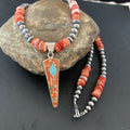 Navajo Pearls Sterling Silver Necklace | Opal Red Spiny Oyster Inlay Pendant | Authentic Native American Handmade | 11322