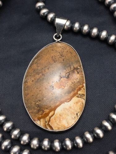 Southwestern Jasper Picture Pendant Necklace | Sterling Silver | 2.25" | Authentic Native American Handmade | 3007