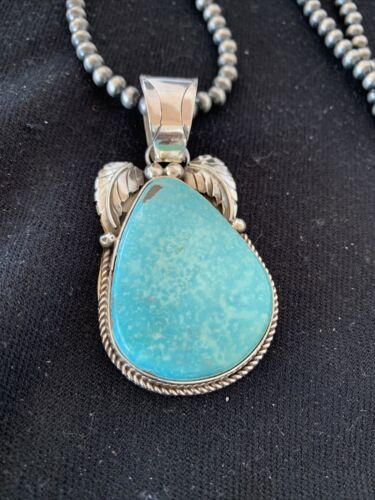 Blue Kingman Turquoise Pendant | Sterling Silver Navajo Pearls Men's Necklace 21" | 808