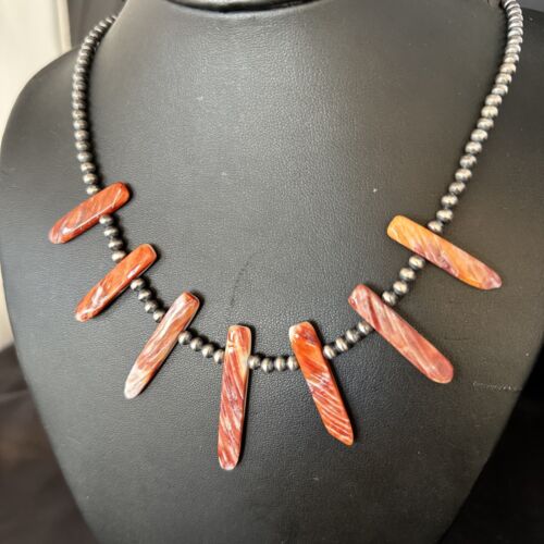 Navajo Spiny Oyster Stick Bead Necklace | Sterling Silver | 20" | Authentic Native American Handmade | 14328