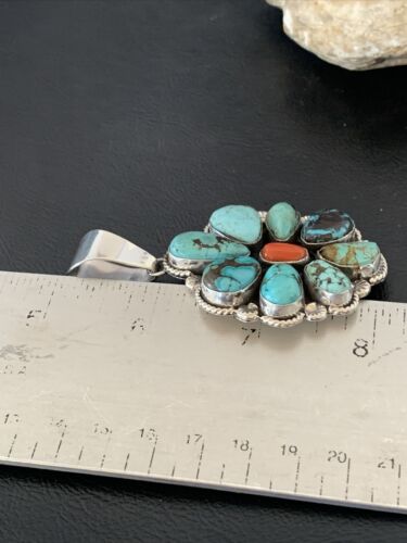Navajo Cluster Coral Spiderweb Turquoise Pendant | Sterling Silver | Authentic Native American Handmade | 2228
