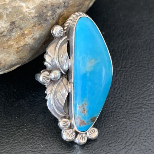 Navajo Blue Kingman Turquoise Ring | Sterling Silver Feather | Sz 9.5 | 10854