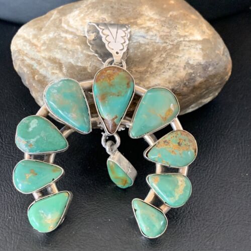 Navajo Green Royston Turquoise Pendant | Authentic Native American Sterling Silver | Naja | 12104 - Masha USA