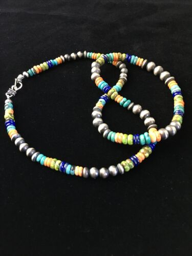 Navajo Orange Spiny Oyster Necklace | Sterling Silver Pearls | 21" | Authentic Native American Handmade | 1763
