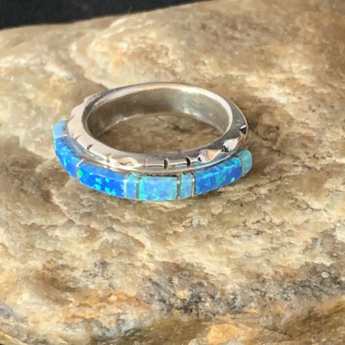 Navajo Blue Opal Inlay Ring | Sterling Silver | Sz 9 | Authentic Native American Handmade | Yazzie | 13533