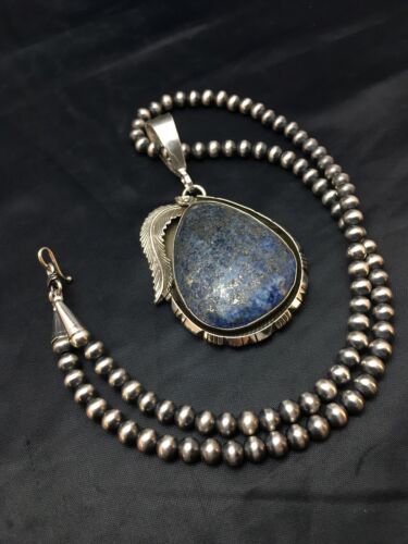 Men's Lapis Pendant | Sterling Silver Navajo Pearls Necklace | Authentic Native American Handmade | 1752