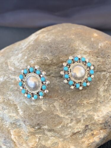 Authentic Native American Zuni Petite Point Turquoise Earrings | Sterling Silver | Handmade | 1609