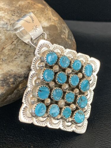 Navajo Blue Turquoise Cluster Pendant | Authentic Native American Sterling Silver | Multi-Stone | 2.5" | 02097