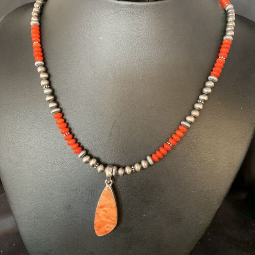 Navajo Red Apple Coral Pendant Necklace | Sterling Silver | Authentic Native American Handmade | 13934