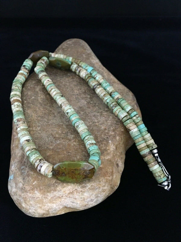 Men's Chunky Navajo Green Turquoise Heishi Necklace | Sterling Silver | 23" | Authentic Native American Handmade | 1785