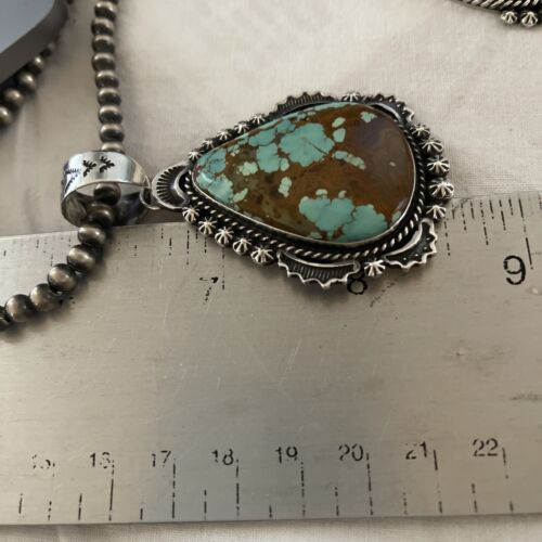 Navajo Pearls Necklace with Blue Turquoise #8 Pendant | Sterling Silver | Native American Handmade | 11294