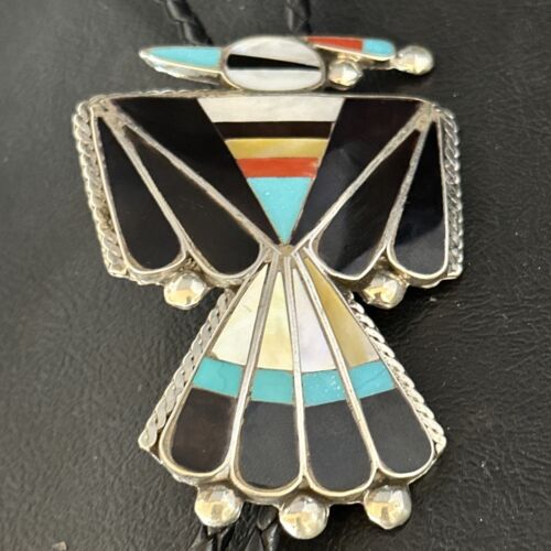 Men's Bolo Tie | Zuni Thunderbird Kingman Turquoise Inlay | Sterling Silver | 14232