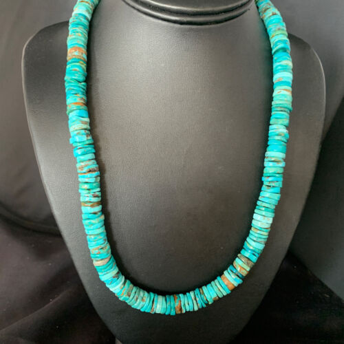 Men's Navajo Blue Turquoise Heishi Bead Necklace | Sterling Silver | 20" | Authentic Native American Handmade | 13522