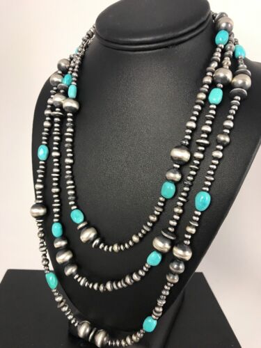Navajo Pearls Sleeping Beauty Turquoise Necklace | 70" Single Strand | Sterling Silver | Southwestern | 8051