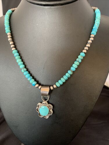 Navajo Blue Turquoise Pendant Necklace | Sterling Silver Pearls | Authentic Native American Handmade | 13218