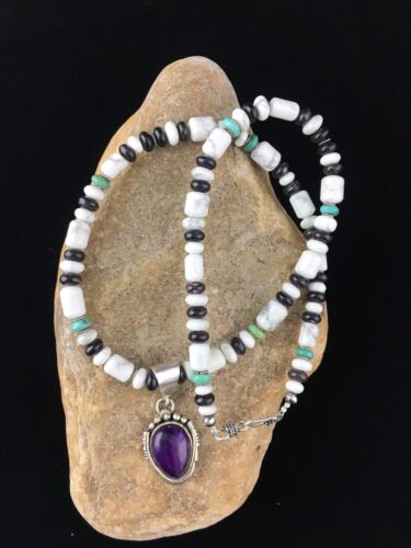 Navajo Purple Sugilite Turquoise Bead Necklace | Sterling Silver | 22" | Authentic Native American Handmade | 10035