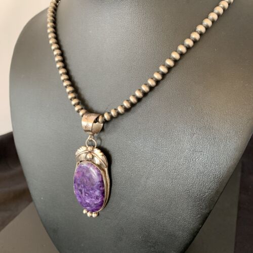 Navajo Pearls Necklace with Purple Sugilite Pendant | Sterling Silver | Authentic Native American Handmade | 10911