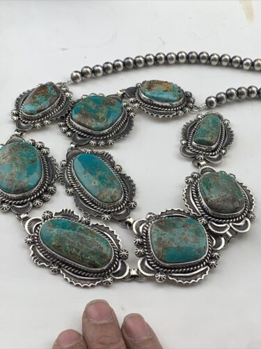 Navajo Sterling Silver Lariat Necklace with Royston Turquoise Squash Pendant | 01546