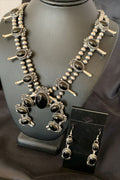 Navajo Pearls Black Onyx Squash Blossom Necklace | Sterling Silver | Authentic Native American Handmade | 12724