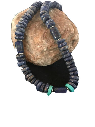 Native American Denim Lapis Turquoise Beads Necklace | Sterling Silver | Men's | 20" | 1281