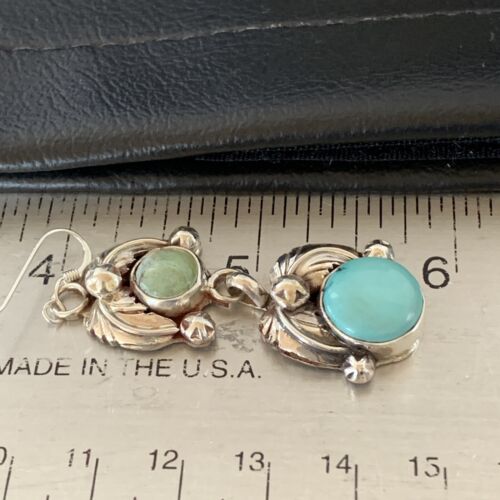 Navajo Blue Green Dry Creek Turquoise Dangle Earrings | Sterling Silver | Authentic Native American Handmade | 1485
