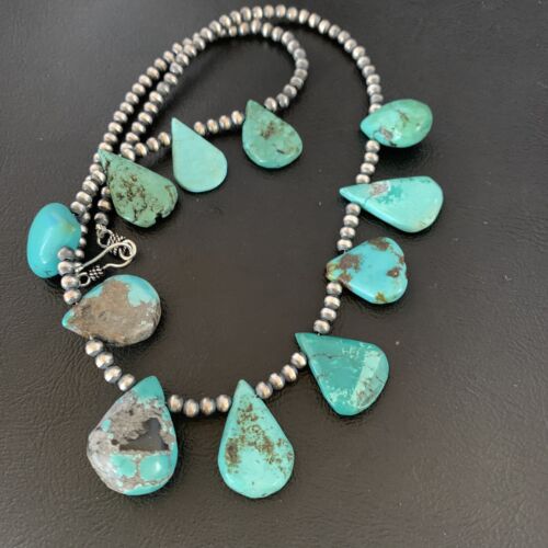 Southwestern Navajo Pearls Necklace | Sterling Silver Blue Turquoise Teardrop | 13149