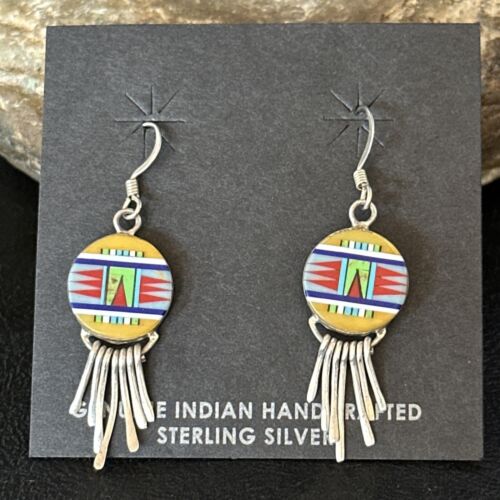 Navajo Multi-Color Turquoise Inlay Earrings | Sterling Silver | Authentic Native American Handmade | 14654