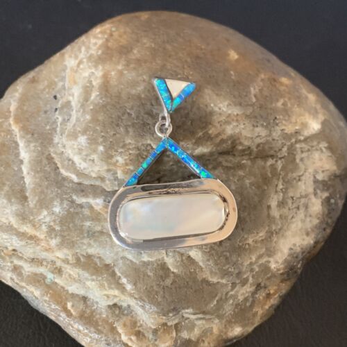 Authentic Native American Navajo Sterling Silver Pendant | White Mother of Pearl & Blue Opal Inlay | Handmade Jewelry | 12886