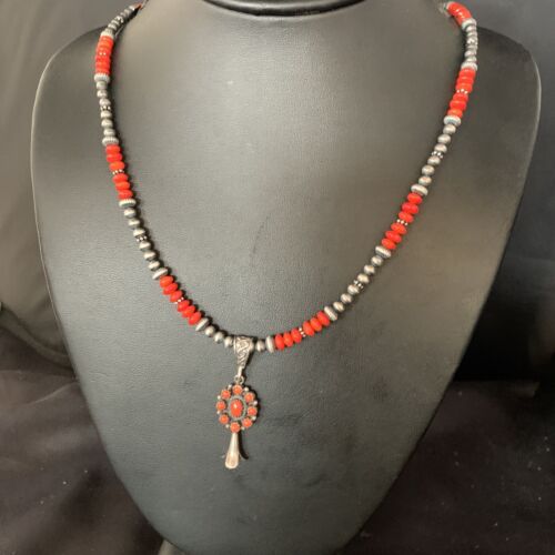 Authentic Navajo Red Coral Naja Pendant Necklace | Sterling Silver | Southwestern Style | 13881