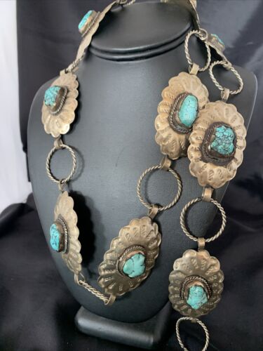 Navajo Blue Turquoise Concho Belt | Sterling Silver | Authentic Native American Handmade | 1570